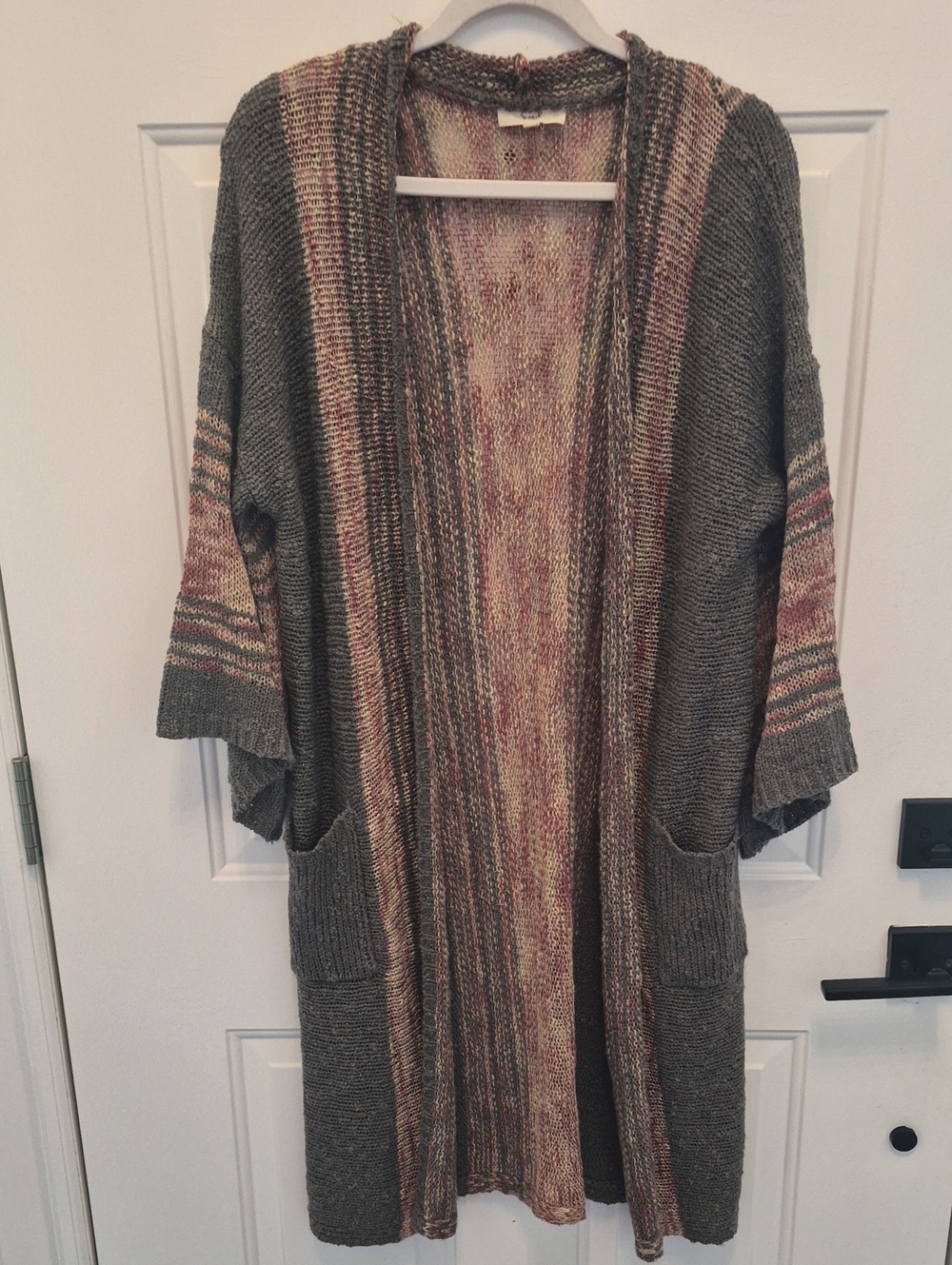 Open-Front Hooded Knit Cardigan in Gray and Pink